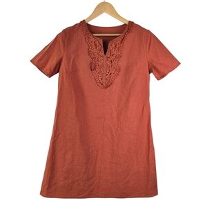 Boutique Women's Cotton Crochet Tunic Top Rust Embroidered Neck A-Line Size L